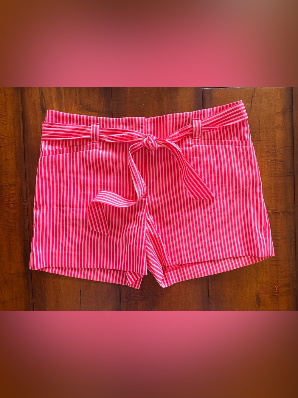 LOFT Pink and White Striped High-Waist Tie-Front Shorts
